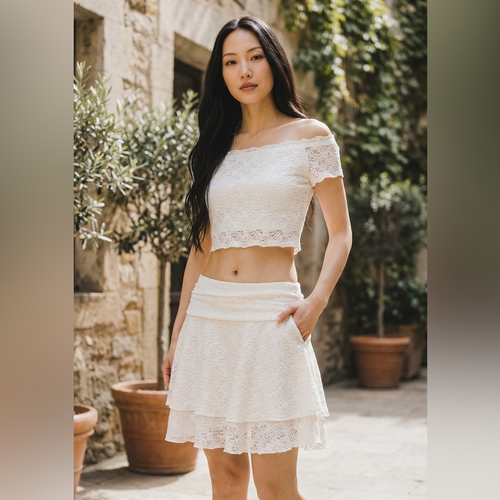 Madden Girl White Lace Off-Shoulder Circle Skirt Set